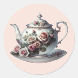 Shabby Pink Rose Vines Floral Bridal Tea Shower Classic Round Sticker