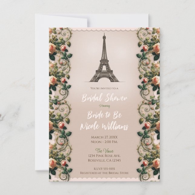 Shabby Pink Rose Vines Floral Bridal Tea Shower  Invitation (Front)