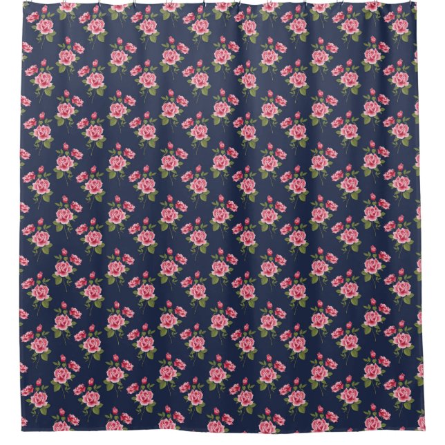 Shabby Pink Roses, Navy Background Shower Curtain (Front)