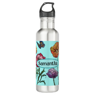 Shabby Poppy Red Purple on Aqua Customizable Name 710 Ml Water Bottle