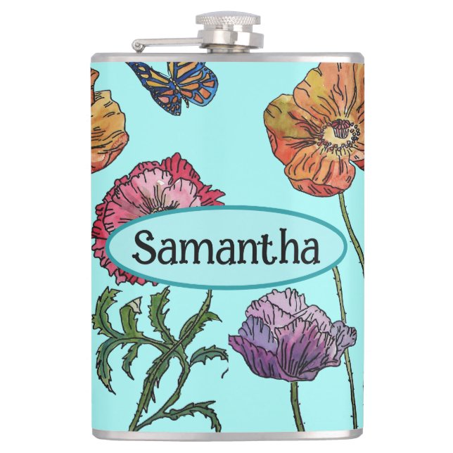  Shabby Poppy Red Purple on Aqua Customizable Name Hip Flask (Front)