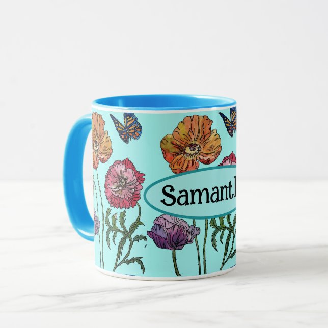  Shabby Poppy Red Purple on Aqua Customizable Name Mug (Front Left)
