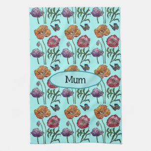 Shabby Poppy Red Purple on Aqua Customizable Name Tea Towel