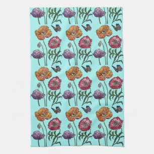  Shabby Poppy Red Purple on Aqua Turquoise Tea Towel
