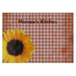 Shabby Red Gingham and Sunflower Custom Cutting Board