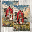 SHABBY RED RUSTIC HOUSE MIXED MEDIA DECOUPAGE