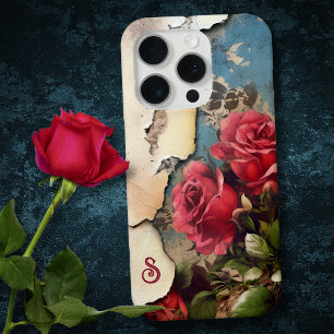 Shabby Roses on Distressed Torn Paper w/Monogram iPhone 15 Pro Case