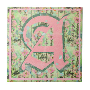 Shabby Shic Distressed Monogram Mallow Flowers Ceramic Tile