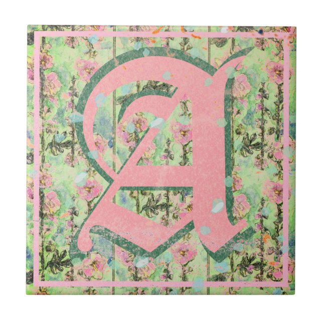Shabby Shic Distressed Monogram Mallow Flowers Ceramic Tile (Front)
