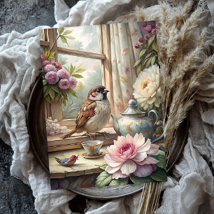 Shabby summer window with sparrow pink peonies tissue paper