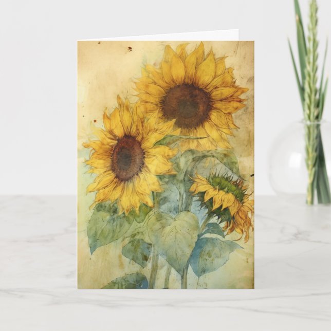 Shabby Sunflowers Watercolor Illustration Greeting Card (Front)