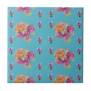 Shabby Teal Rose Purple violet floral Ceramic Tile