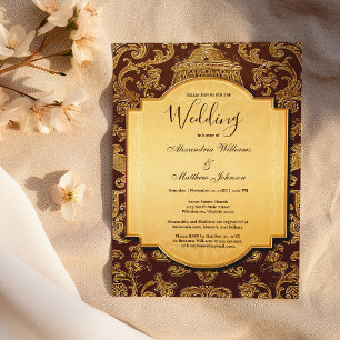 Shabby vintage brown gold floral damask Wedding Invitation