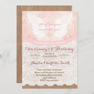 Shabby vintage Christening and 1st Birthday Party Invitation