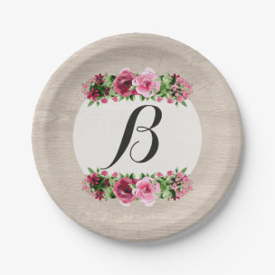 Shabby Vintage Roses Rustic Wood Monogram Paper Plate