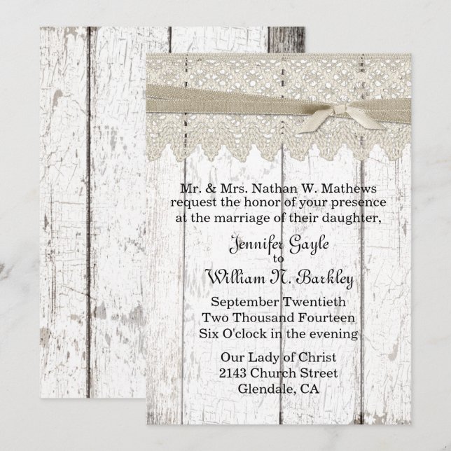 Shabby White Washed Wood and Lace Wedding Invitation (Front/Back)