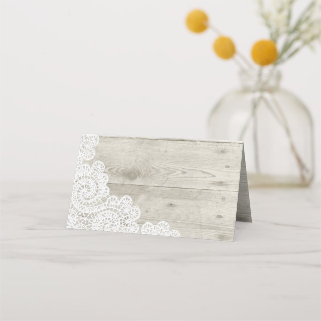 Shabby Wood and Lace Wedding Folded Place Card (Front)