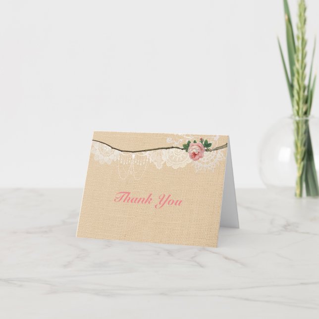 Shabbychic Burlap Pink Floral Lace Thank You Card (Front)