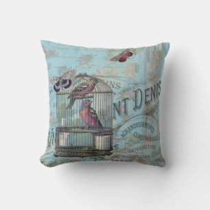 Shabbychic pale blue vintage Paris birds butterfly Cushion