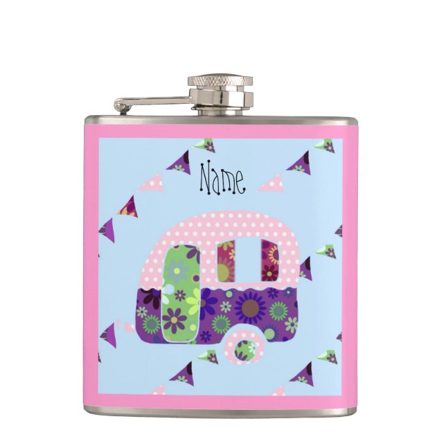 Shabbychic retro trailer, camper, caravan bunting hip flask (Front)