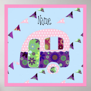 Shabbychic retro trailer, camper, caravan bunting poster