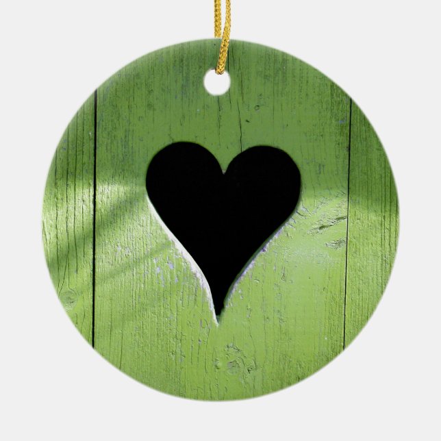 SHABBYCHIC wooden heart green black Ceramic Ornament (Front)