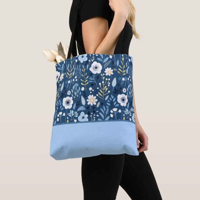 Shade of Blue, White, Yellow Flowers Colour Block Tote Bag (Close Up)