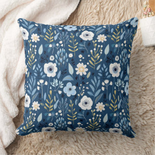 Shade of Blue with White and Yellow Pretty Flowers Cushion