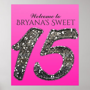 Shade of Pink & Silver Glitter 15 Fifteen Party Poster