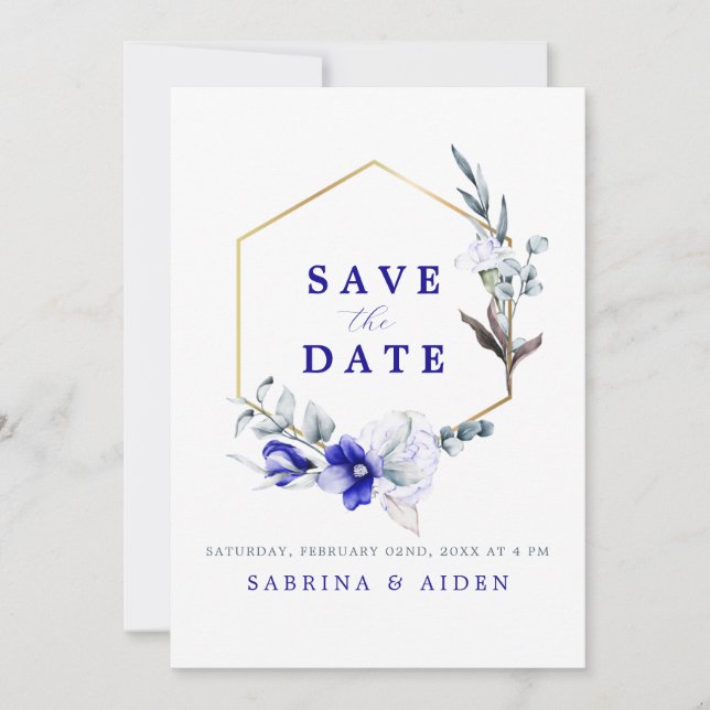Shade Of Royal Blue Ivory Floral Photo Wedding Save The Date (Front)