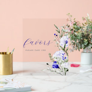 Shade Of Royal Blue Ivory Floral Wedding Favour Acrylic Sign