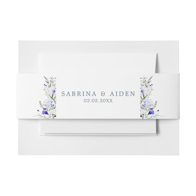 Shade Of Royal Blue Ivory Floral Wedding  Invitation Belly Band (Front Example)