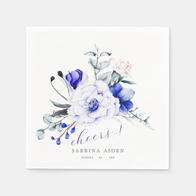 Shade Of Royal Blue Ivory Floral Wedding Napkin (Front)