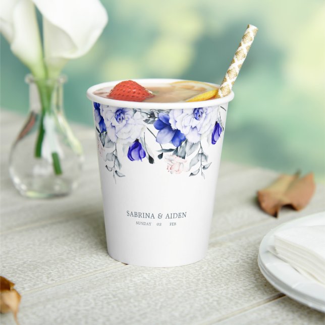 Shade Of Royal Blue Ivory Floral Wedding Paper Cups (Insitu)
