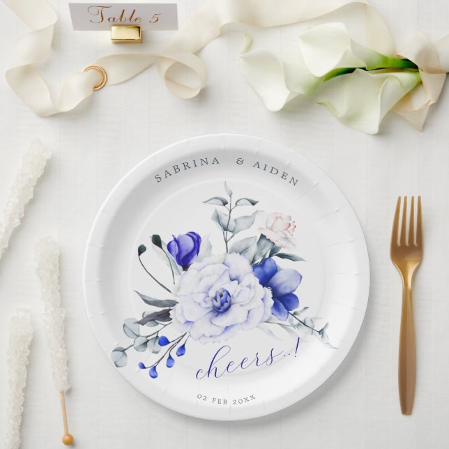 Shade Of Royal Blue Ivory Floral Wedding Paper Plate (Wedding)