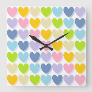 Shaded Pastel Rainbow Hearts Square Wall Clock