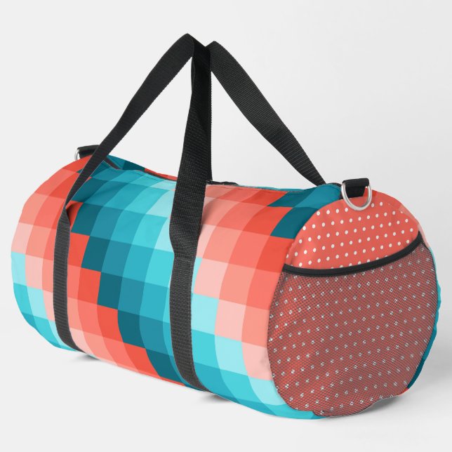 SHADES OF AQUA BLUE & CORAL ORANGE PATTERNS DUFFLE BAG (Right Corner)