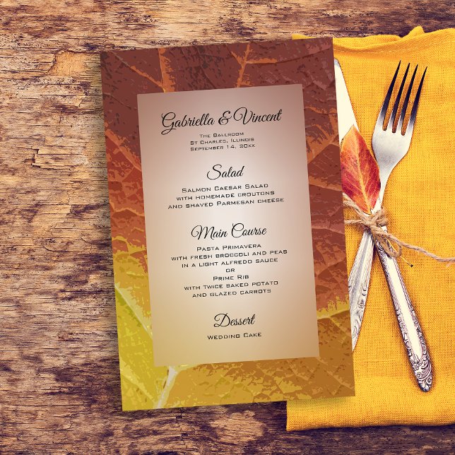 Shades of Autumn Leaf Wedding Menu (Customize this Shades of Autumn Leaf Menu for your Fall wedding, bridal shower or party event.)