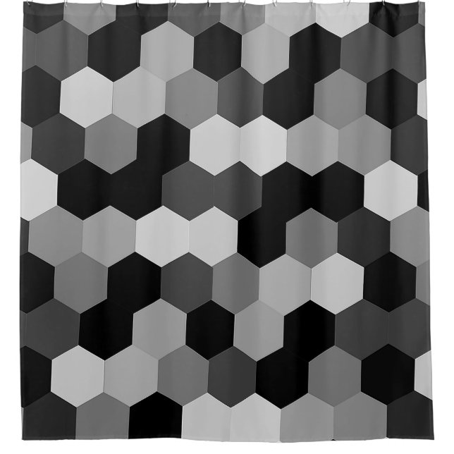 Shades of Black and White Geometric Hexagon  Shower Curtain (Front)
