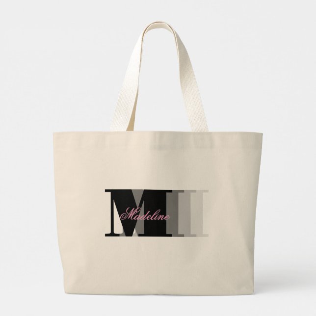 Shades of Black Monogram Typography Pink Script Large Tote Bag (Back)