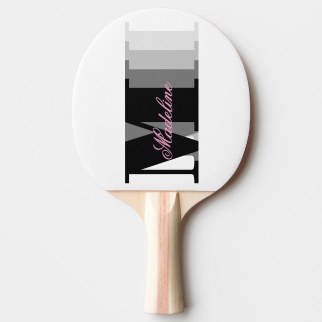 Shades of Black Monogram Typography Pink Script Ping Pong Paddle (Front)