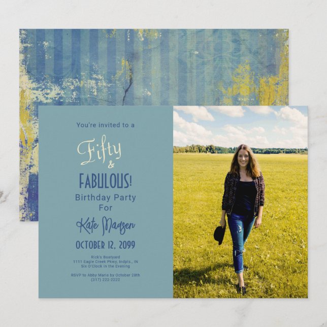 Shades Of Blue 50 & FABULOUS Birthday Party Photo Invitation (Front/Back)