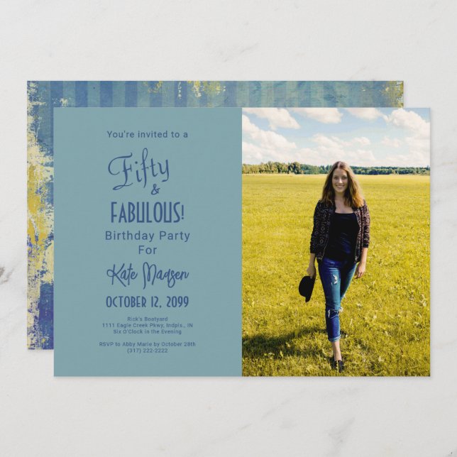 Shades Of Blue 50 & FABULOUS Birthday Party Photo Invitation (Front/Back)