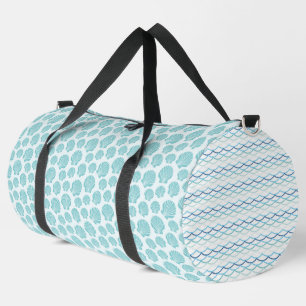 SHADES OF BLUE & AQUA SEASHELLS & WAVE PATTERN DUFFLE BAG