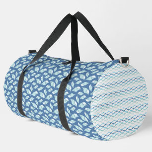 SHADES OF BLUE & AQUA SEASHELLS & WAVE PATTERN DUFFLE BAG
