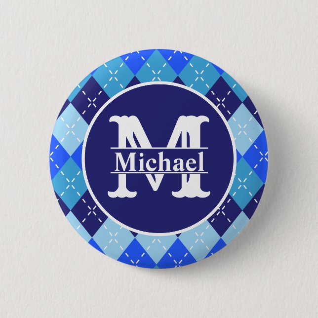 Shades of Blue Argyle Sporty Preppy Personalised 6 Cm Round Badge (Front)