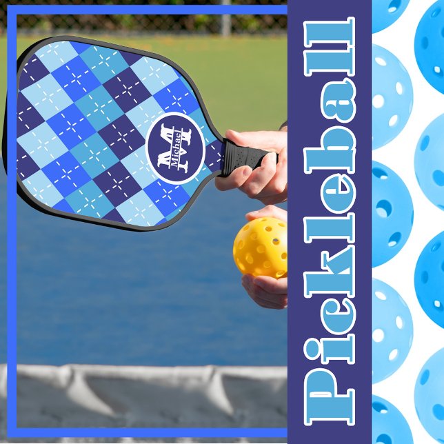 Shades of Blue Argyle Sporty Preppy Personalised Pickleball Paddle (Creator Uploaded)