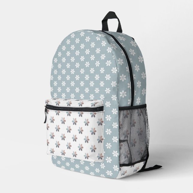SHADES OF BLUE & BROWN TINY DAISY FLOWERS PRINTED BACKPACK (Back Corner Right)