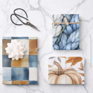 SHADES OF BLUE & BROWN WATERCOLOR FALL PATTERNS WRAPPING PAPER SHEET