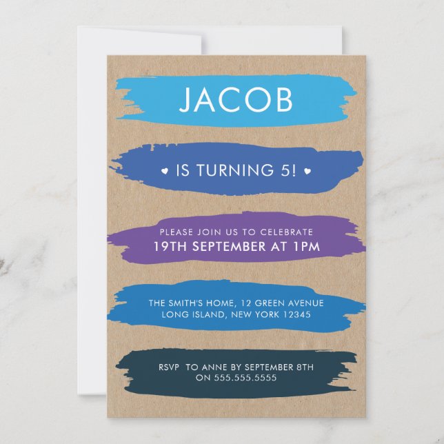 Shades Of Blue Brush Strokes Boys 5th Birthday Invitation (Front)